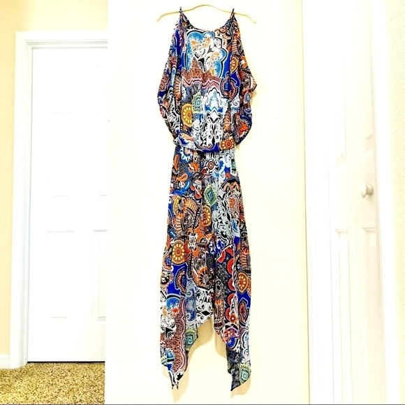 ROBBIE BEE Chiffon midi Dress boho Scarf Print Cold Shoulder women’s 6 - Picture 5 of 8